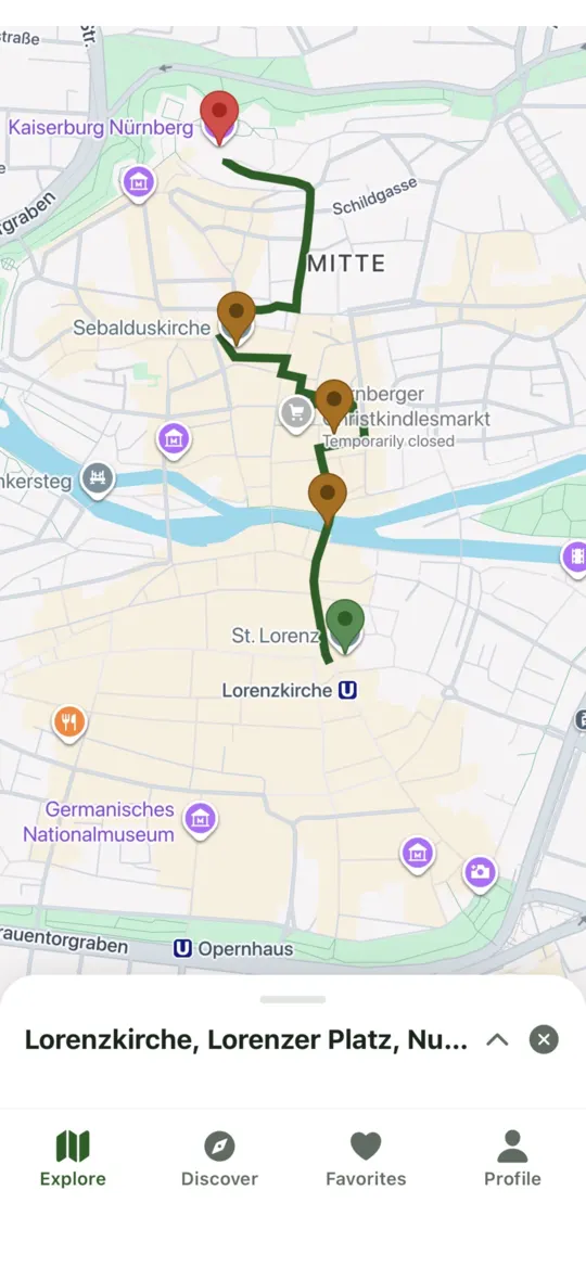 Qalasi map with a scenic walking route through Nuremberg
