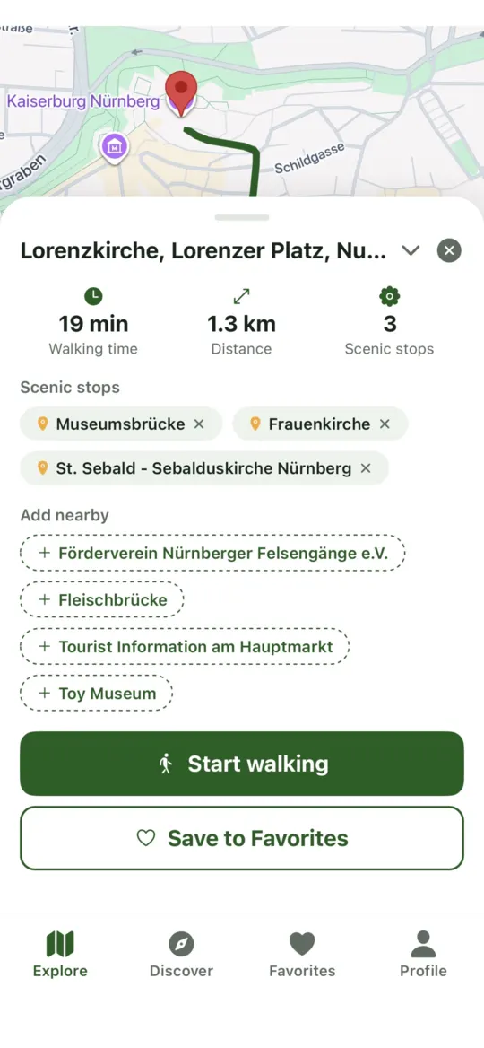 Route details with walking time, distance and scenic stops